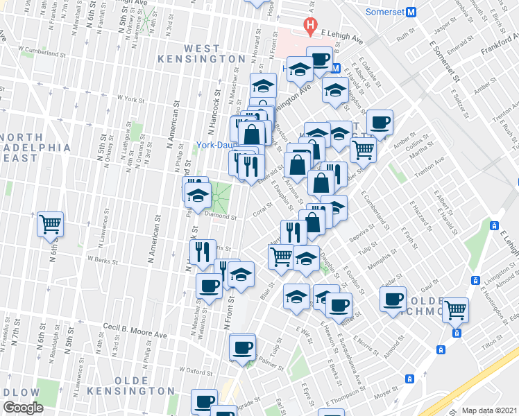 map of restaurants, bars, coffee shops, grocery stores, and more near in Philadelphia