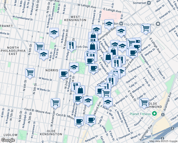 map of restaurants, bars, coffee shops, grocery stores, and more near 2121 North Howard Street in Philadelphia