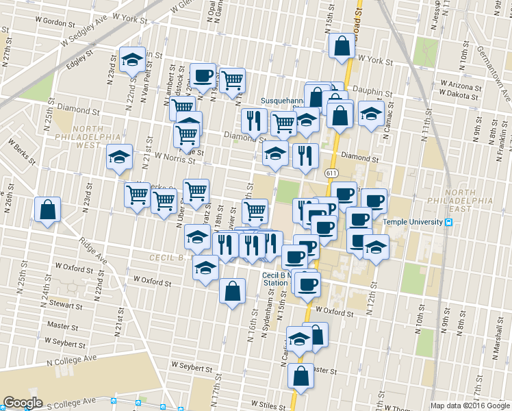 map of restaurants, bars, coffee shops, grocery stores, and more near in Philadelphia