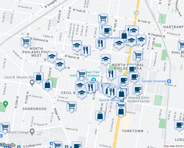 map of restaurants, bars, coffee shops, grocery stores, and more near 1849 North 18th Street in Philadelphia