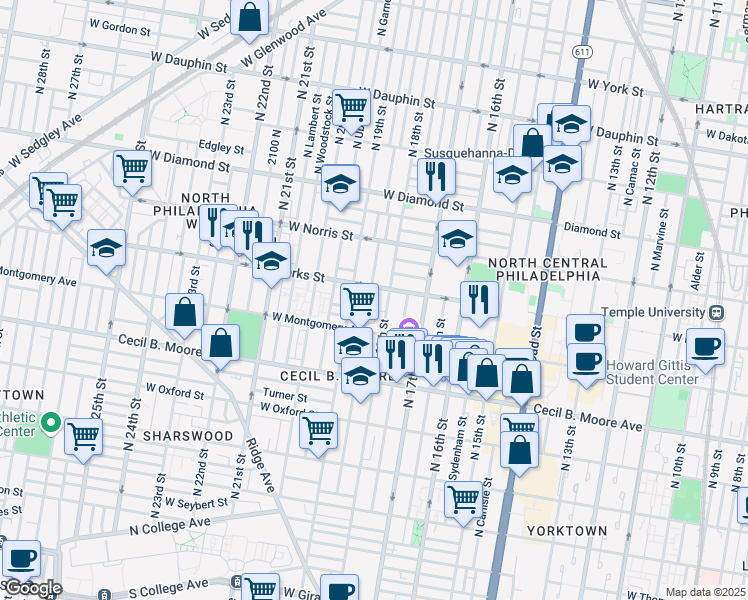 map of restaurants, bars, coffee shops, grocery stores, and more near in Philadelphia