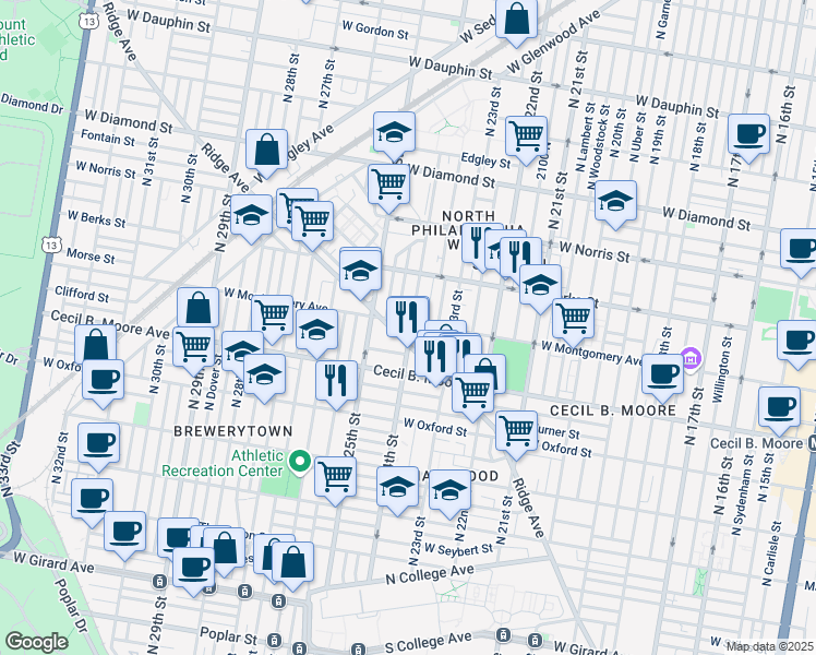 map of restaurants, bars, coffee shops, grocery stores, and more near 2407 West Montgomery Avenue in Philadelphia
