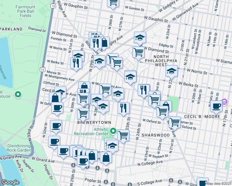map of restaurants, bars, coffee shops, grocery stores, and more near 1740 North Bailey Street in Philadelphia