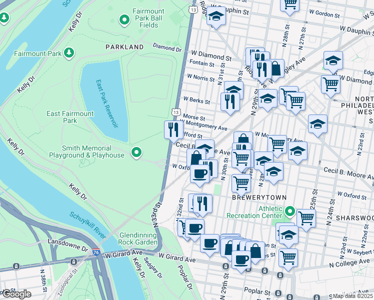 map of restaurants, bars, coffee shops, grocery stores, and more near 1643 North 33rd Street in Philadelphia