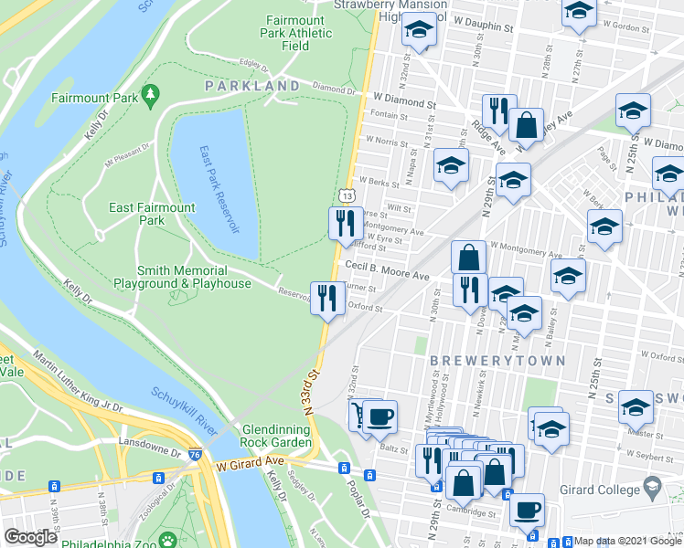 map of restaurants, bars, coffee shops, grocery stores, and more near 3221 Cecil B. Moore Avenue in Philadelphia
