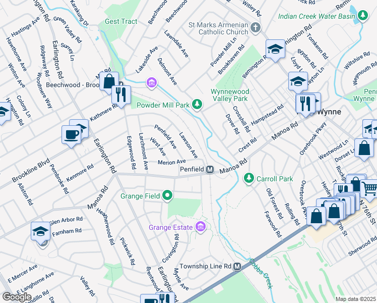 map of restaurants, bars, coffee shops, grocery stores, and more near 755 Lawson Avenue in Havertown