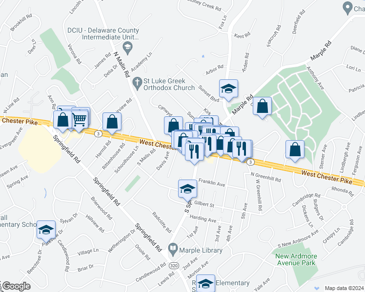 map of restaurants, bars, coffee shops, grocery stores, and more near 2635 West Chester Pike in Broomall