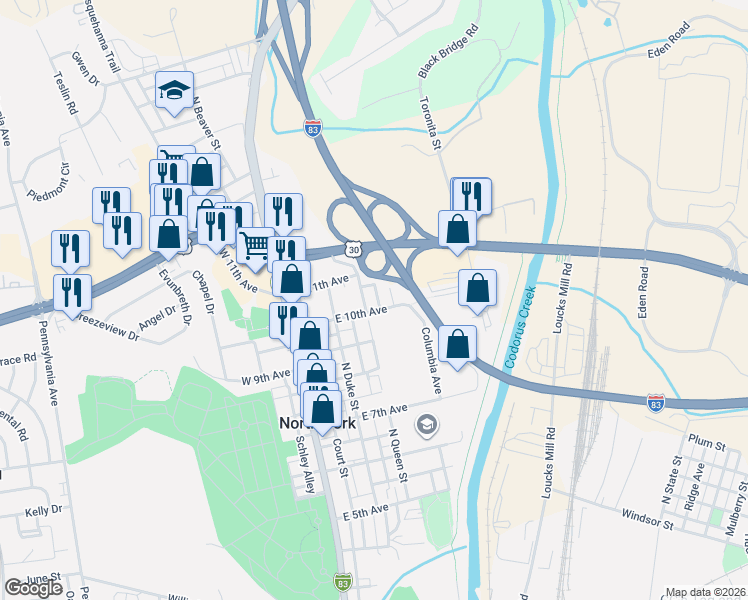 map of restaurants, bars, coffee shops, grocery stores, and more near 1450 North Queen Street in York