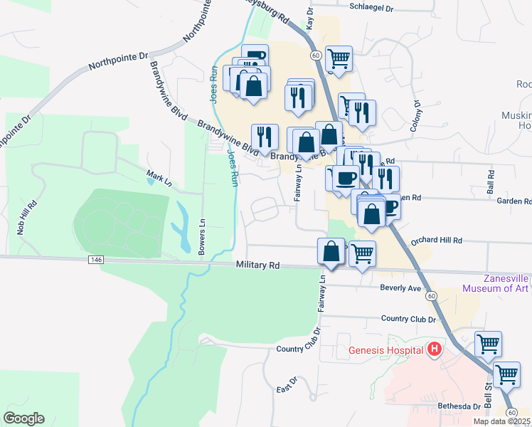 map of restaurants, bars, coffee shops, grocery stores, and more near 1523 Venus Place in Zanesville