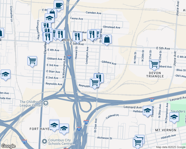 map of restaurants, bars, coffee shops, grocery stores, and more near 844 East Starr Avenue in Columbus