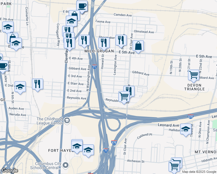 map of restaurants, bars, coffee shops, grocery stores, and more near 796 East Starr Avenue in Columbus