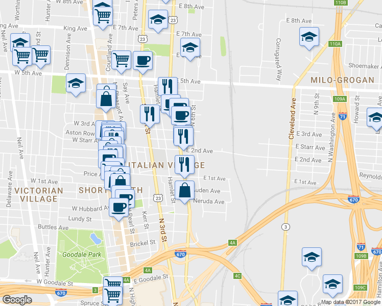 map of restaurants, bars, coffee shops, grocery stores, and more near 244 East 2nd Avenue in Columbus