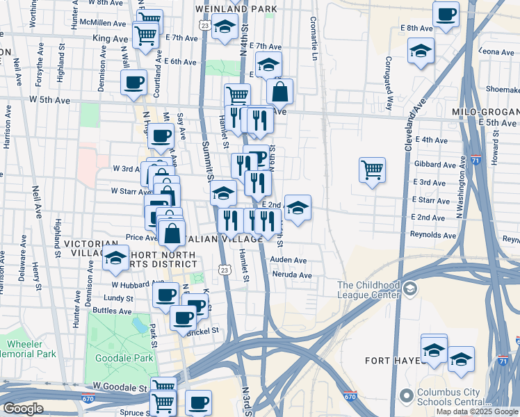 map of restaurants, bars, coffee shops, grocery stores, and more near 244 East 2nd Avenue in Columbus