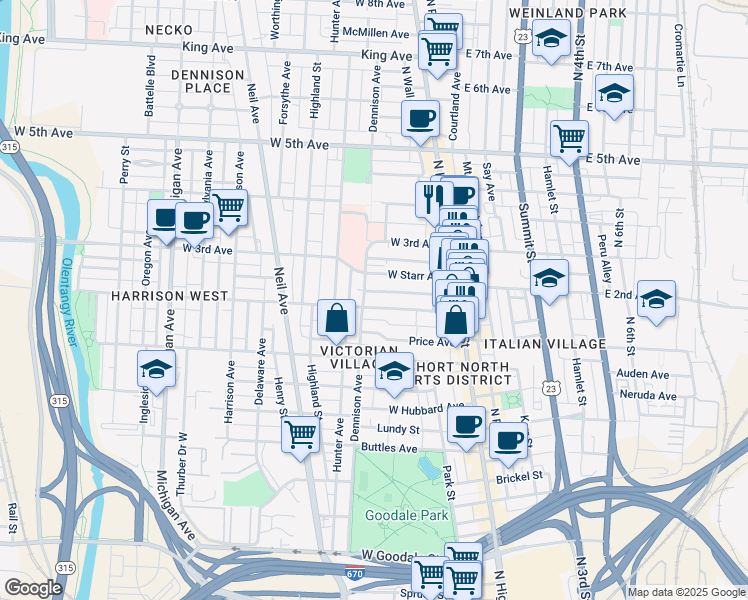 map of restaurants, bars, coffee shops, grocery stores, and more near 1007 Dennison Avenue in Columbus