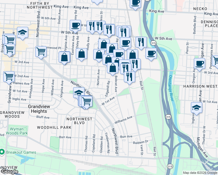 map of restaurants, bars, coffee shops, grocery stores, and more near 1155 Edgehill Road in Columbus