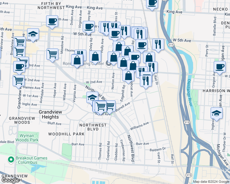 map of restaurants, bars, coffee shops, grocery stores, and more near 1155 Edgehill Road in Columbus