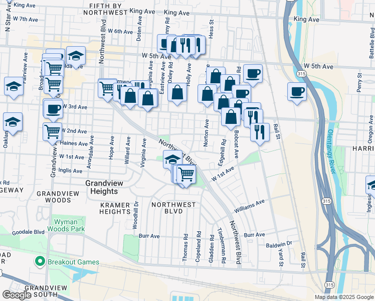 map of restaurants, bars, coffee shops, grocery stores, and more near 1140 Northwest Boulevard in Grandview Heights