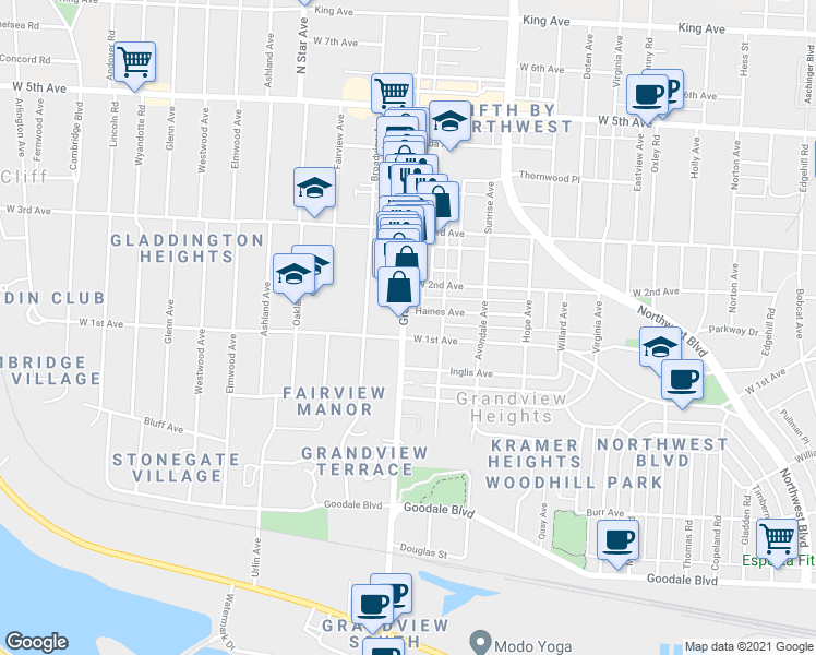 map of restaurants, bars, coffee shops, grocery stores, and more near 1212 Grandview Avenue in Grandview Heights