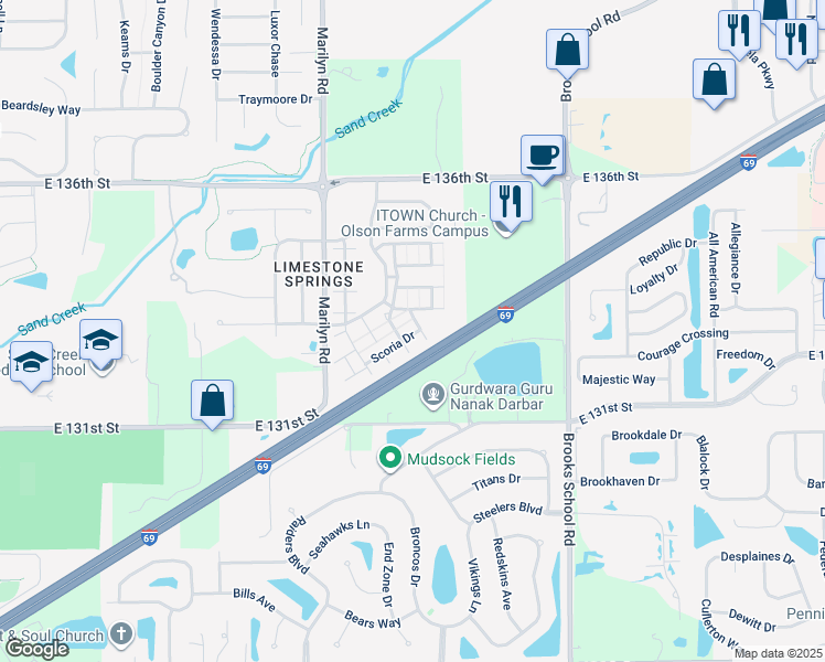 map of restaurants, bars, coffee shops, grocery stores, and more near 13225 Quarry Lane in Noblesville