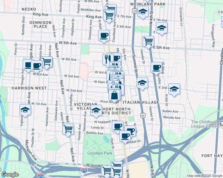 map of restaurants, bars, coffee shops, grocery stores, and more near 985 North High Street in Columbus