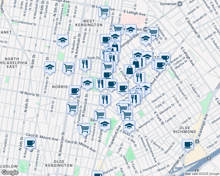 map of restaurants, bars, coffee shops, grocery stores, and more near in Philadelphia