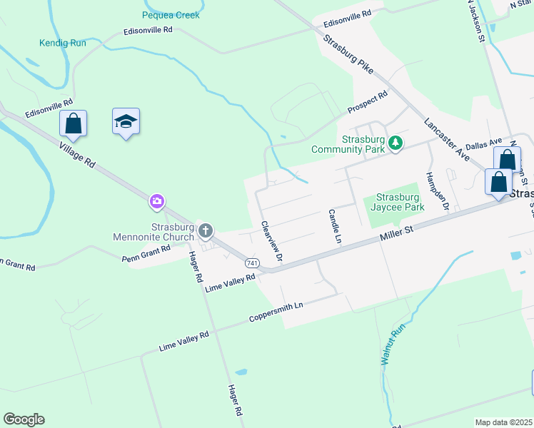 map of restaurants, bars, coffee shops, grocery stores, and more near 327 Mindy Avenue in Strasburg