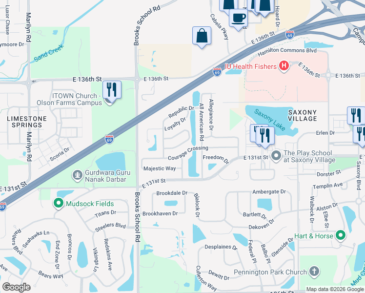 map of restaurants, bars, coffee shops, grocery stores, and more near 12679 Endurance Drive in Fishers