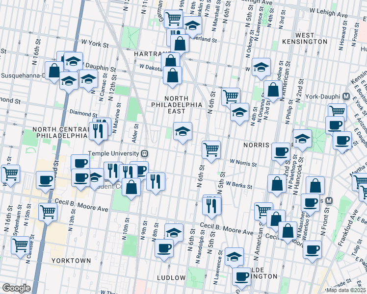 map of restaurants, bars, coffee shops, grocery stores, and more near 2014 North 7th Street in Philadelphia