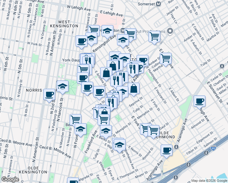 map of restaurants, bars, coffee shops, grocery stores, and more near 2326 Amber Street in Philadelphia