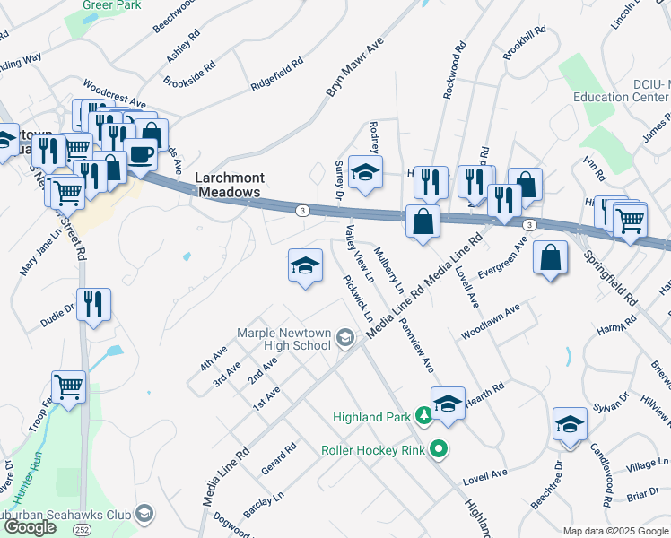 map of restaurants, bars, coffee shops, grocery stores, and more near 28 Pickwick Lane in Newtown Square