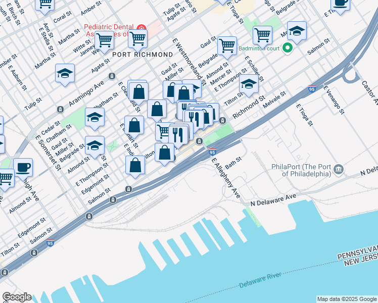 map of restaurants, bars, coffee shops, grocery stores, and more near 3151 Richmond Street in Philadelphia