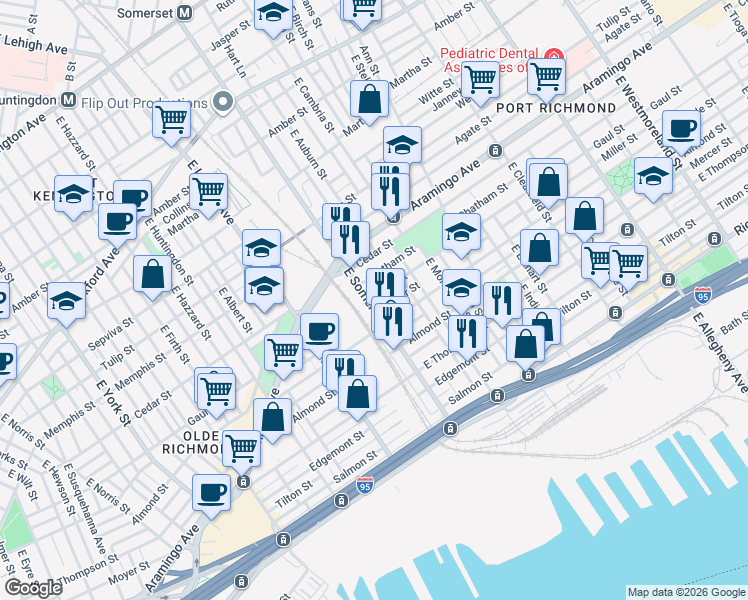 map of restaurants, bars, coffee shops, grocery stores, and more near 2816 Gaul Street in Philadelphia