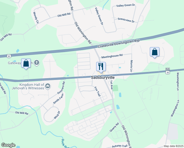 map of restaurants, bars, coffee shops, grocery stores, and more near in Sadsburyville