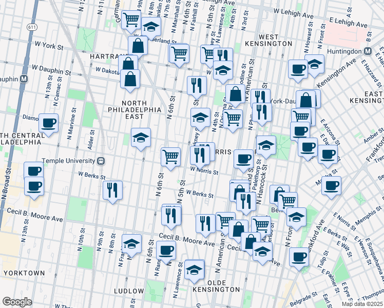map of restaurants, bars, coffee shops, grocery stores, and more near 2038 North Orkney Street in Philadelphia