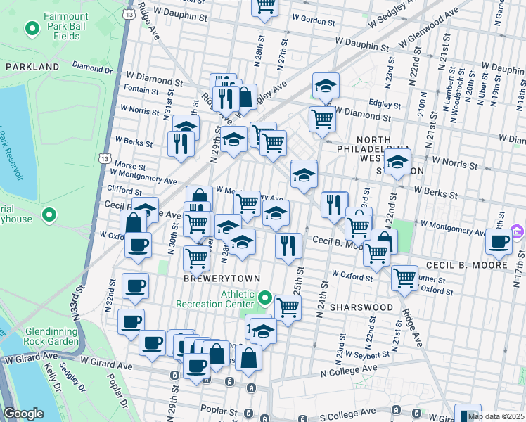 map of restaurants, bars, coffee shops, grocery stores, and more near 1738 North Taney Street in Philadelphia