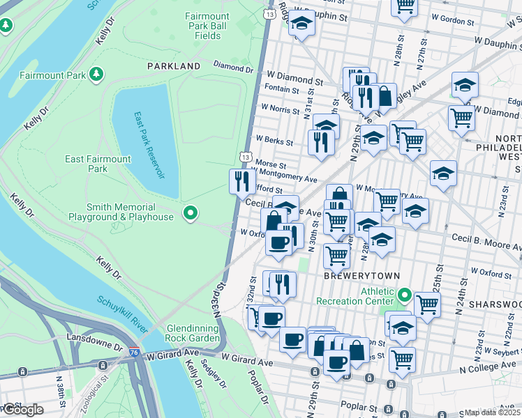 map of restaurants, bars, coffee shops, grocery stores, and more near 3204 Cecil B. Moore Avenue in Philadelphia