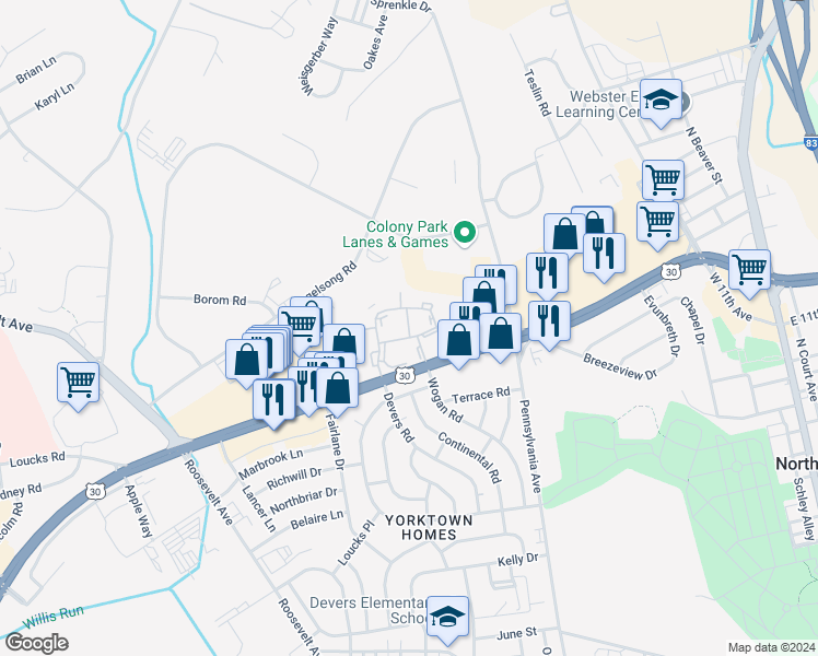map of restaurants, bars, coffee shops, grocery stores, and more near 1721 Devers Road in York
