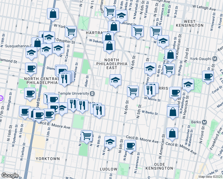 map of restaurants, bars, coffee shops, grocery stores, and more near 2012 North Franklin Street in Philadelphia