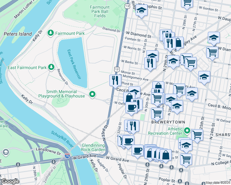 map of restaurants, bars, coffee shops, grocery stores, and more near 1700-36 South Natrona Street in Philadelphia