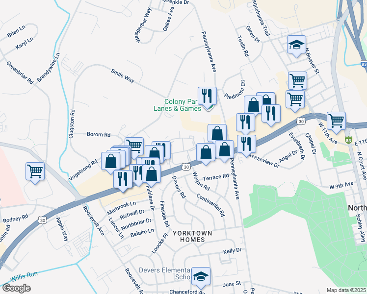 map of restaurants, bars, coffee shops, grocery stores, and more near 720 Colony Drive in York