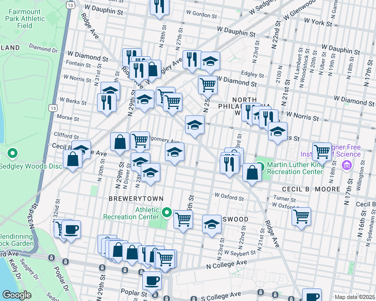 map of restaurants, bars, coffee shops, grocery stores, and more near 1745 North Bambrey Street in Philadelphia