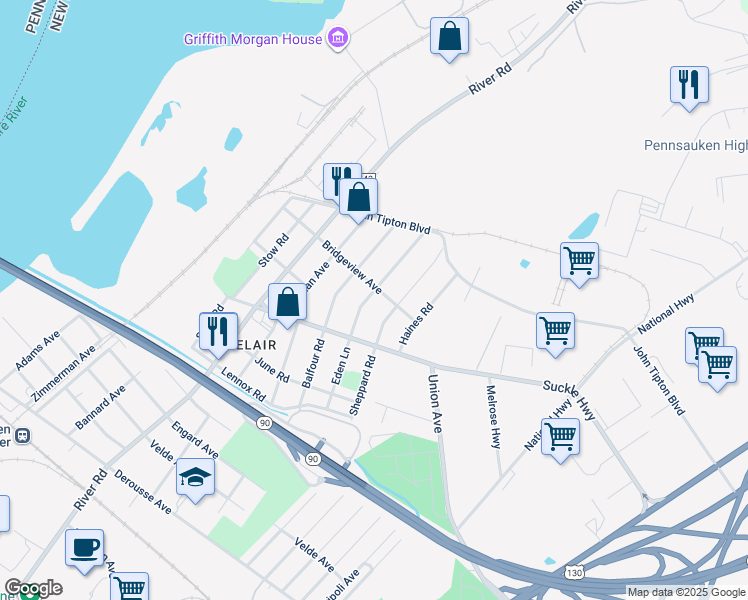 map of restaurants, bars, coffee shops, grocery stores, and more near 8272 Eden Lane in Pennsauken