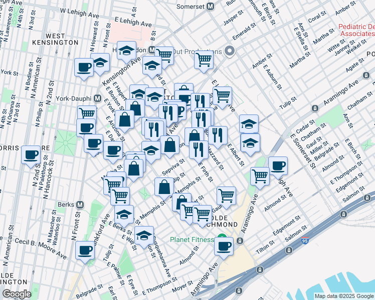 map of restaurants, bars, coffee shops, grocery stores, and more near 2139 East Cumberland Street in Philadelphia