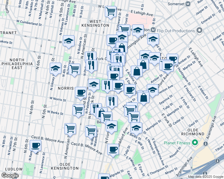 map of restaurants, bars, coffee shops, grocery stores, and more near 2135 Hope Street in Philadelphia