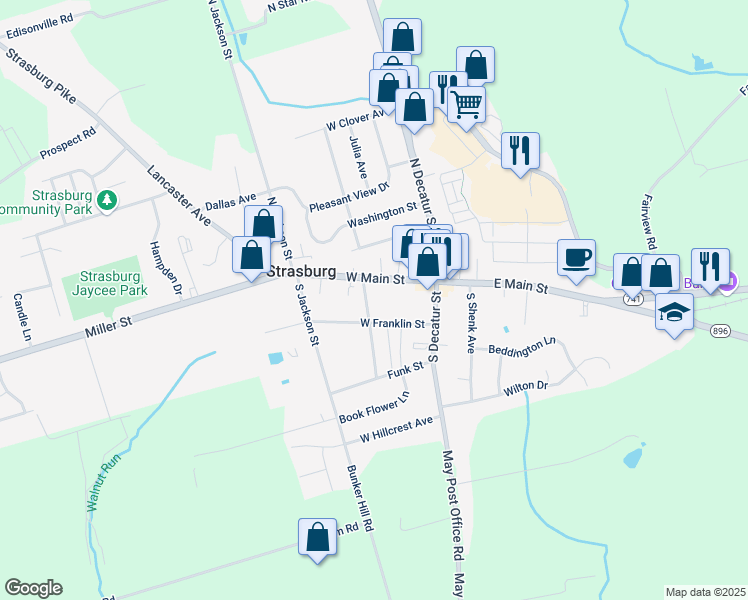map of restaurants, bars, coffee shops, grocery stores, and more near 40 West Main Street in Strasburg