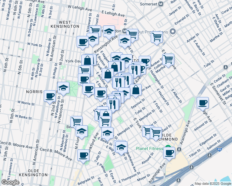 map of restaurants, bars, coffee shops, grocery stores, and more near 2106 East York Street in Philadelphia