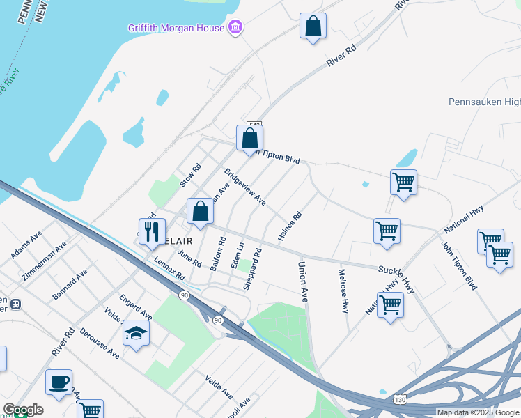 map of restaurants, bars, coffee shops, grocery stores, and more near 8272 Eden Lane in Pennsauken