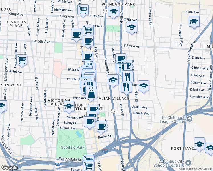 map of restaurants, bars, coffee shops, grocery stores, and more near 138 Sommerfeld Place in Columbus