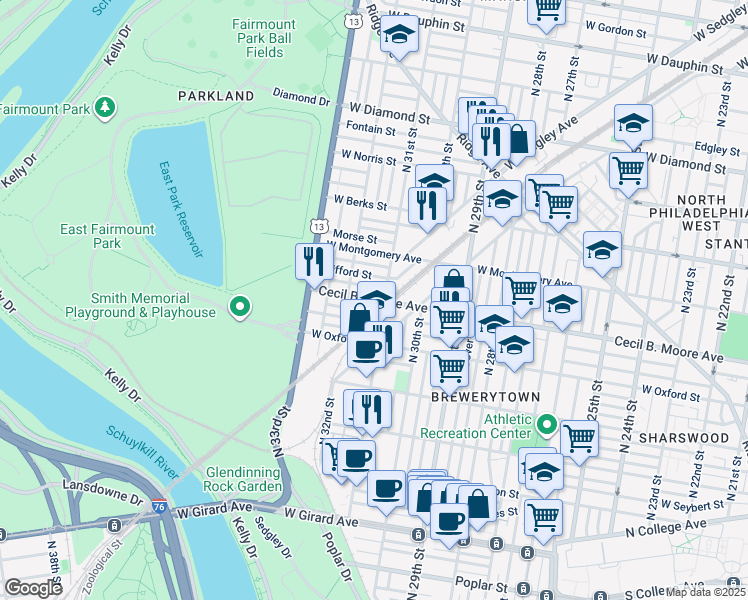 map of restaurants, bars, coffee shops, grocery stores, and more near 3110 Cecil B Moore Ave in Philadelphia