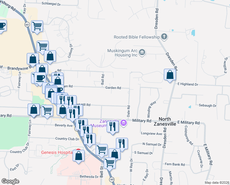 map of restaurants, bars, coffee shops, grocery stores, and more near 644-736 Garden Rd in Zanesville